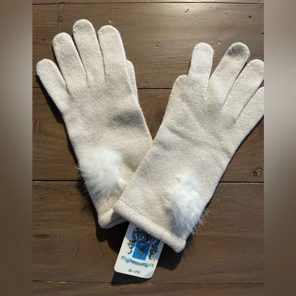 Portolano women cream white 100% cashmere rabbits fur mittens NWT